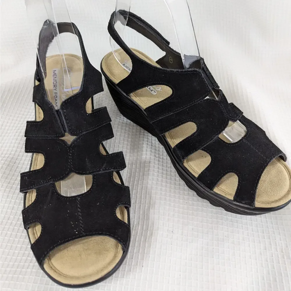 NWOT! SKECHERS! BLACK STRAPPY FAUX SUEDE, VELCRO STRAP SANDALS, HEELS! SZ 7 - Picture 9 of 10